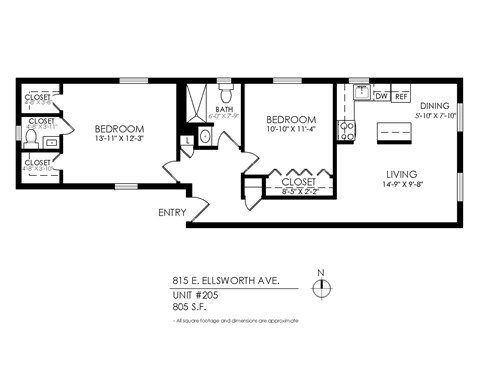 A black and white image of a floor plan for a living space.